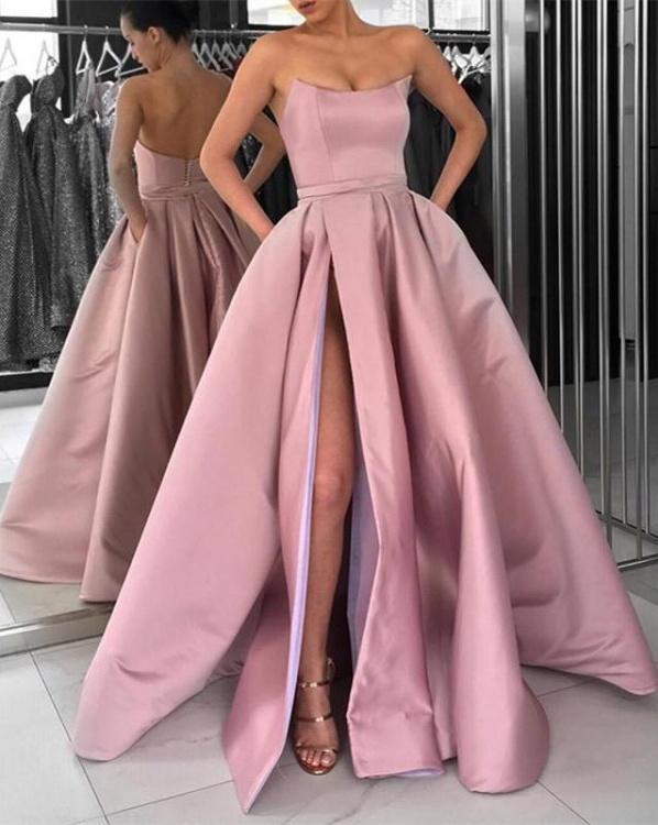 A Line Strapless High Slit Burgundy/Pink/Navy Blue Prom Dresses, High Slit Formal Dresses, Graduation Dresses,DS1856