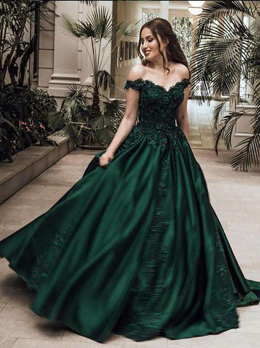 Ball Gown Off-the-Shoulder Sleeveless Floor-Length With Lace Satin Dresses,DS4530