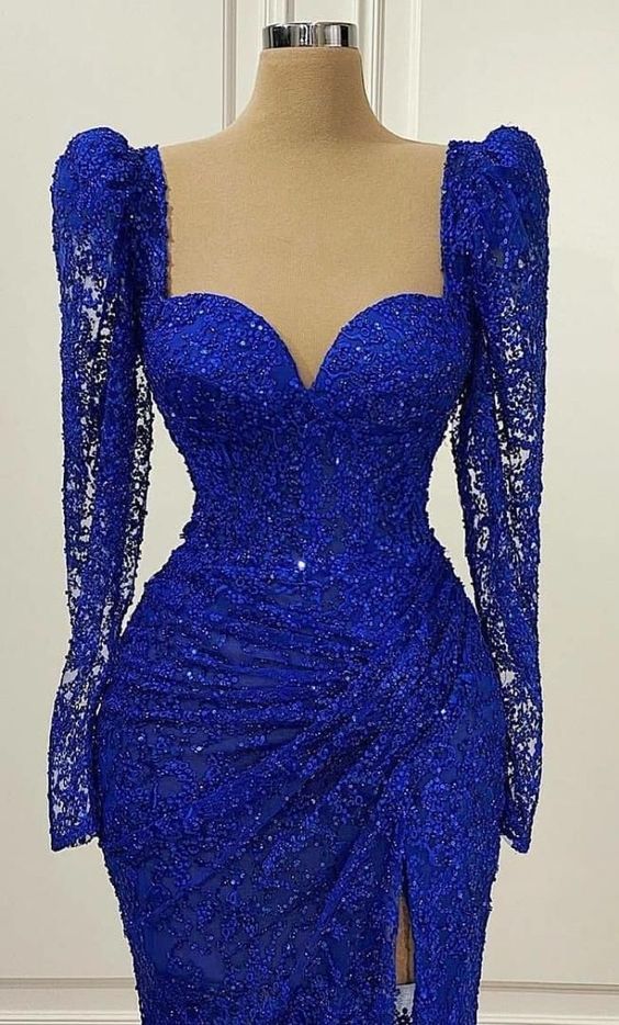 Royal Blue Vintage Prom Dress Long Sleeves Evening Dress,DS5015