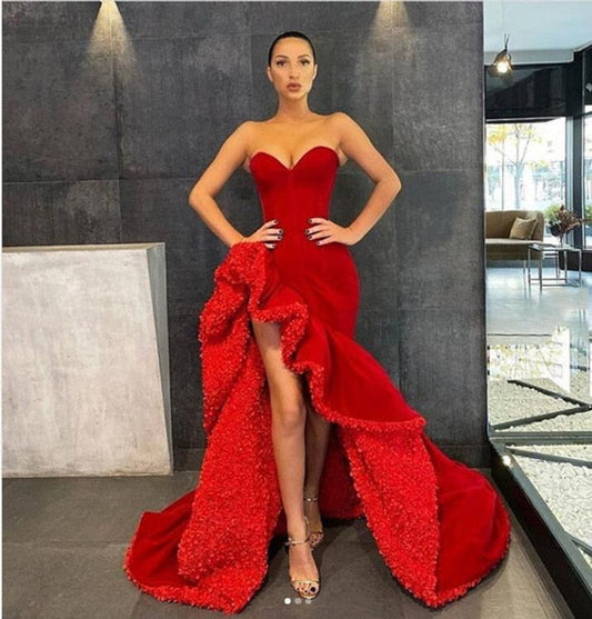Unique Red Asymmetrical Long Evening Dresses Ruffles Split Prom Gowns,DS4697