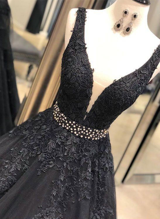 Sexy Black V Neck Tulle Lace Beaded Long Prom Dress, Black Evening Dress Formal Wear,DS4487