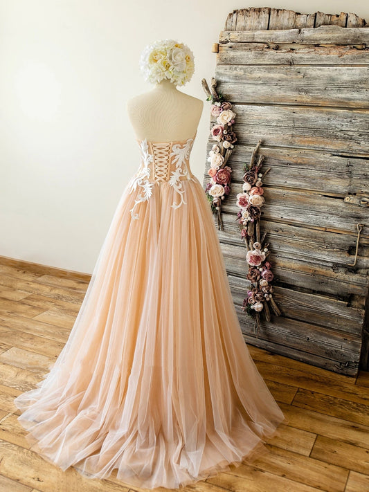 Strapless Nude Wedding Dress with Lace Top,Sweetheart Tulle A Line Prom Dress,DS4086