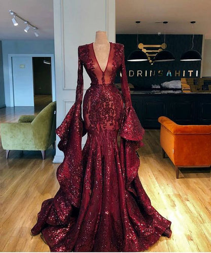long sleeve prom dresses, sequins evening dresses, lace prom dresses, mermaid evening dresses, burgundy prom dresses,DS5042