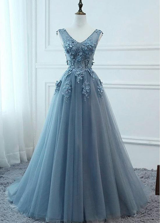 Showy Tulle V-neck Neckline Floor-length A-line Prom Dresses With Lace Appliuqes & Beaded 3D Flowers & Belt,DS4052