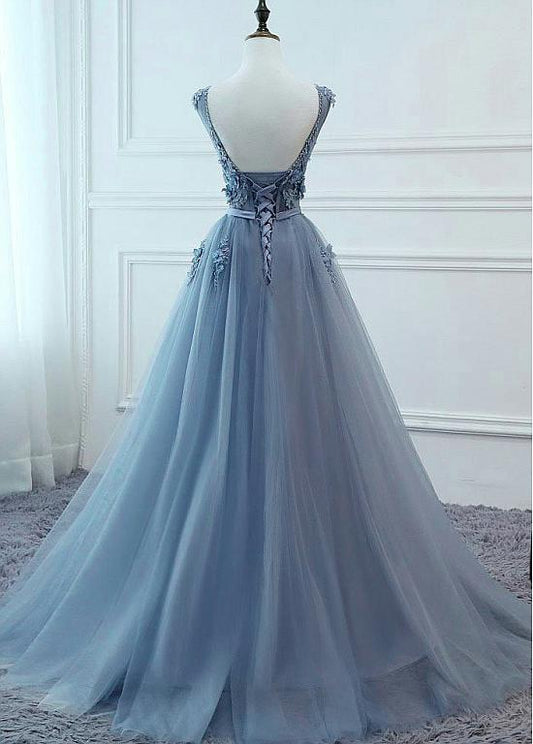 Showy Tulle V-neck Neckline Floor-length A-line Prom Dresses With Lace Appliuqes & Beaded 3D Flowers & Belt,DS4052