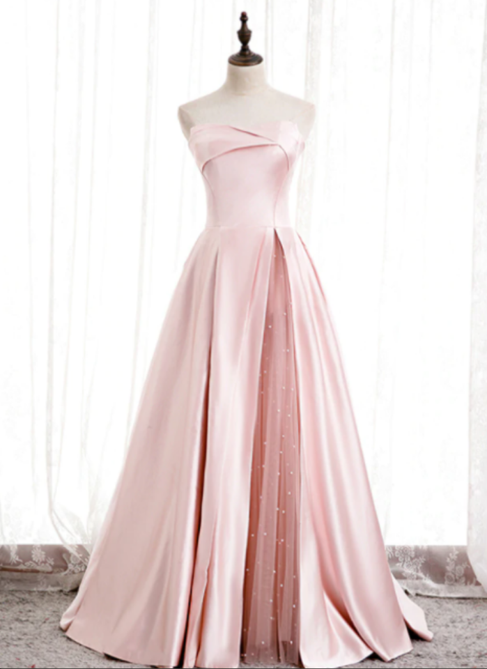 A-Line Satin Strapless Pleats Long Prom Dress,DP24595