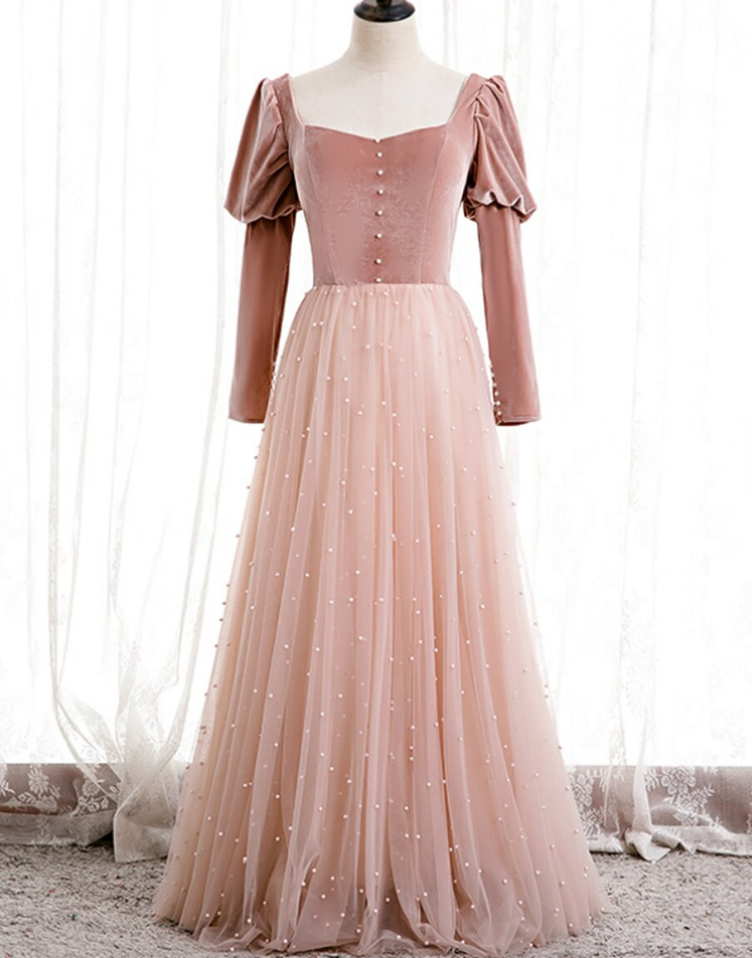 Tulle Velvet Long Sleeve Square Pearls Prom Dress,DP24593