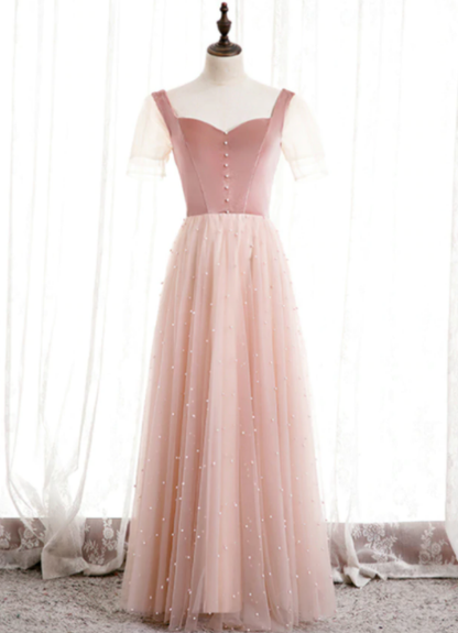 Tulle Velvet Short Sleeve Square Pearls Prom Dress,DP24592