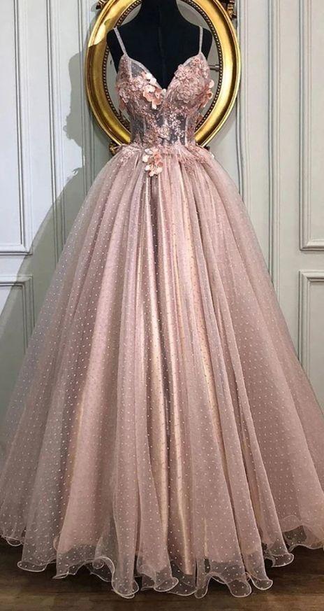 A-line V-Neck Tulle Long Prom Dresses, Pearl Pink Appliques Formal Evening Dress,DS4554