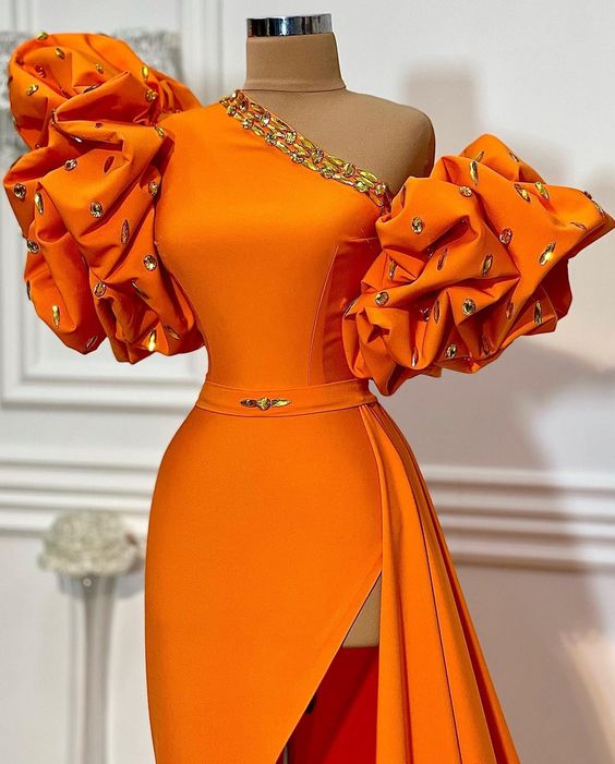 one shoulder unique evening dresses long orange beaded mermaid elegant simple formal evening gown vestidos de fiesta,DS4636