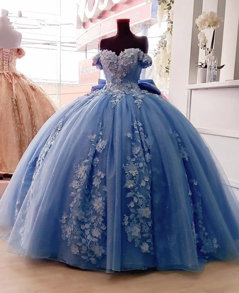 Sexy Sweetheart Blue Quinceanera Dresses Ball Gown 2021 Bow Knot Appliques Formal Kids Prom Party Dress Wear Long,DS4597