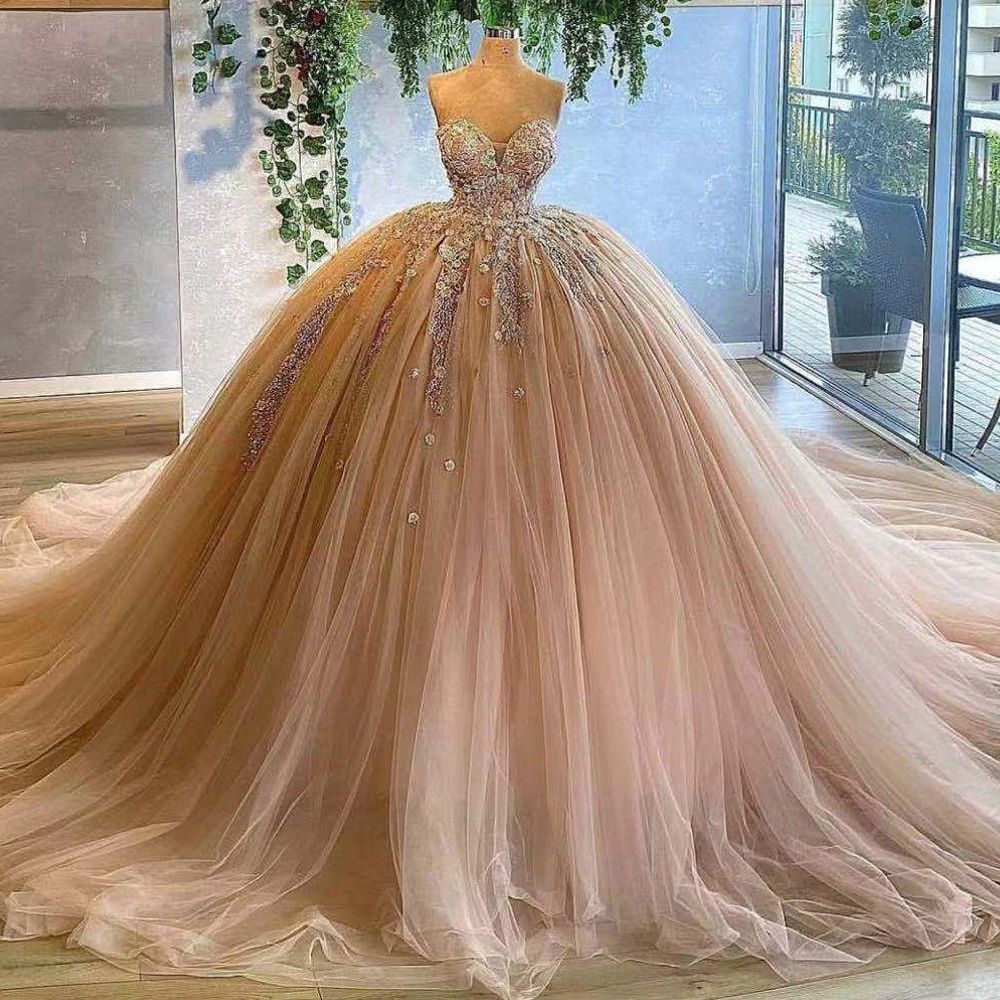 Champagne Sweetheart Tulle Quinceanera Dresses,Sweet 16 Dresses,Sleeveless Long Prom Formal Gown,DS4489