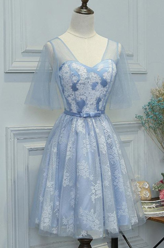 Mini Short Prom Dress, Blue lace short prom dress with sleeves, short bridesmaid dress with bowknot,DP24582