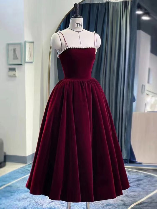 Velvet dress, red daily dress, spaghetti strap party dress,custom made,DP24579