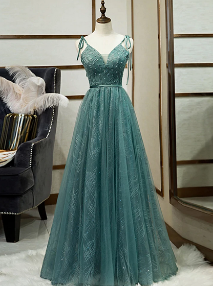 Prom Dresses,Spaghetti Straps Tulle Modest A Line Evening Dress Long Prom Dress,DP24567