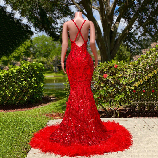 Arabian Sexy Black Girl Mermaid Prom Dresses 2020 Red Sequined Elegant Backless Feather Evening Gowns long Women Formal Dress,BL18613