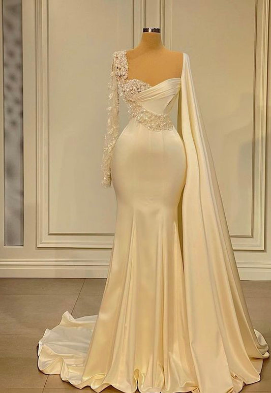 Gorgeous Long Sleeves Appliques Beading Satin Mermaid Long Evening Dress,DS4966