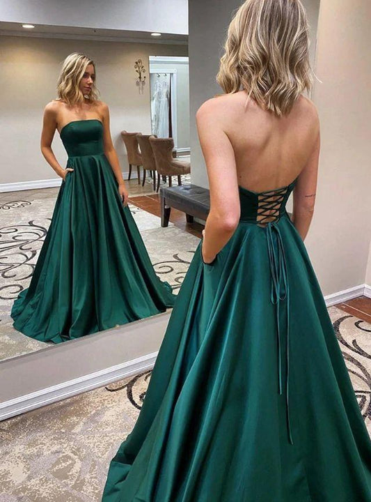 2022 A Line Satin Strapless Hunter Long Prom Dresses Lace Up With Pockets,DS4085