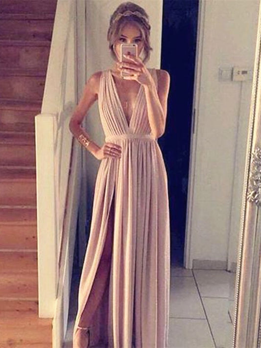 Simple A Line V Neck Champagne Prom Dress with Slit, Champagne Formal Dress, Bridesmaid Dress.DS1864