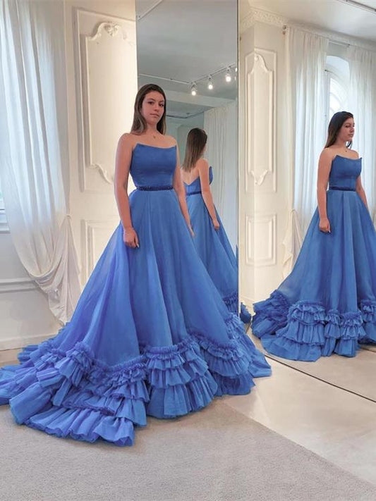 Strapless Blue Chiffon Ruffled Prom Dresses, Quinceanera Dresses, Long A-line Prom Dresses,DS2596
