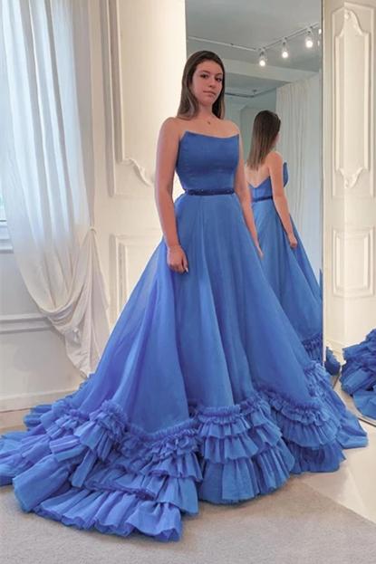 Strapless Blue Chiffon Ruffled Prom Dresses, Quinceanera Dresses, Long A-line Prom Dresses,DS2596