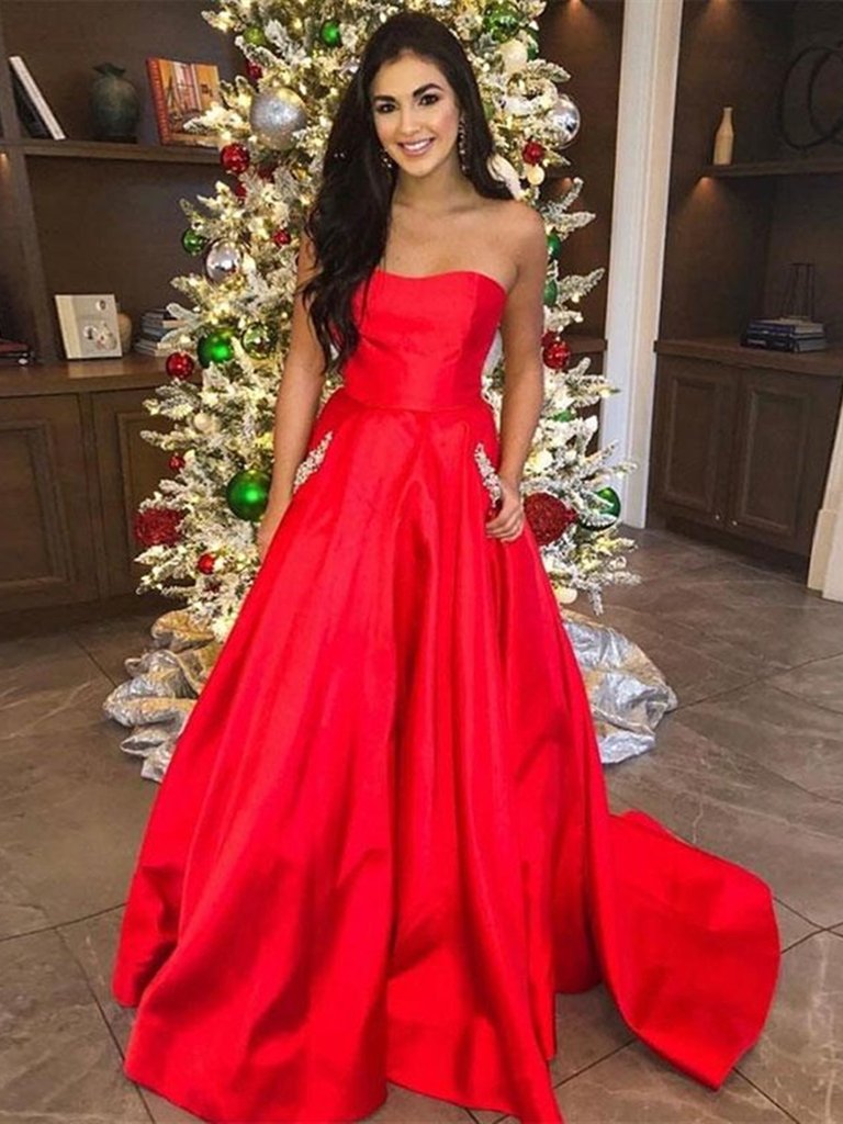 Custom Made Red Satin Prom Dresses with Pockets, Red Formal Dresses, Evening Dresses,DS1840