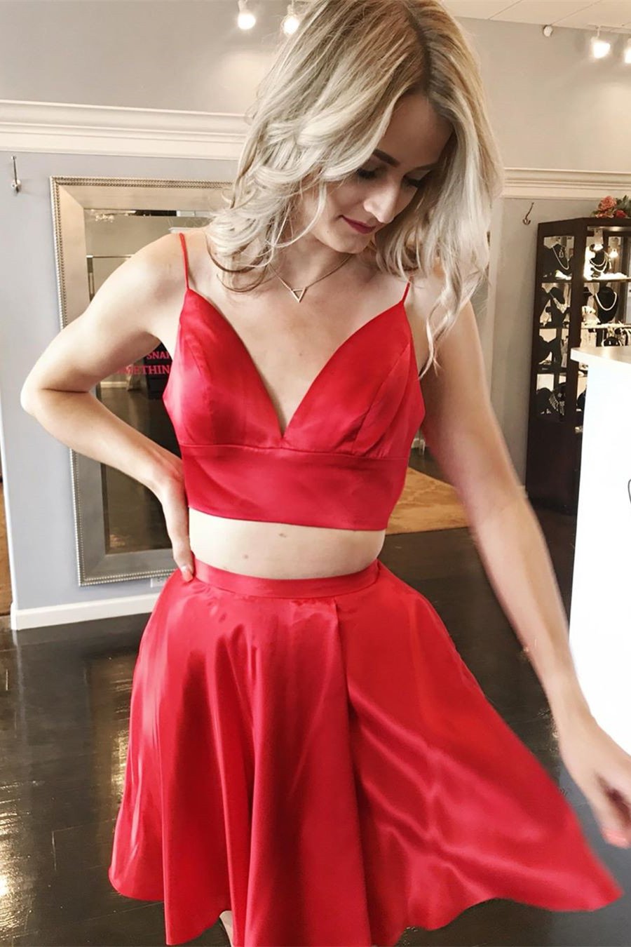 Two Piece Red Homecoming Dress with Tie Back,DS0829