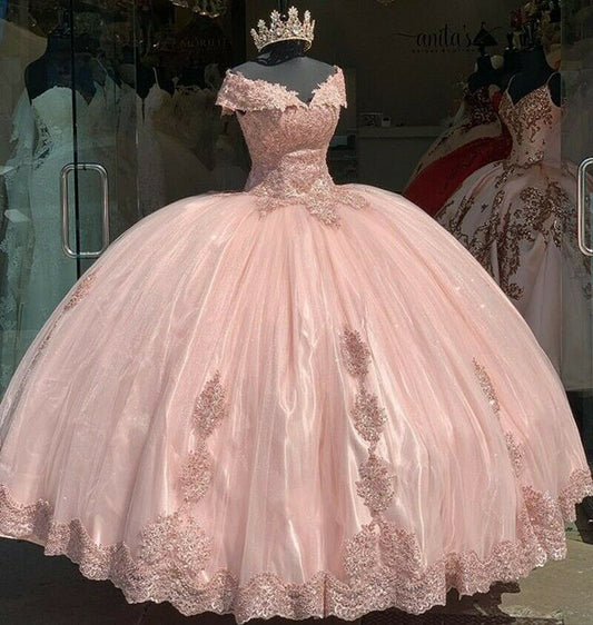 Short Cap Sleeve Pink Flowers Quinceanera Dress for 16 Year Ball Gown,DS4398