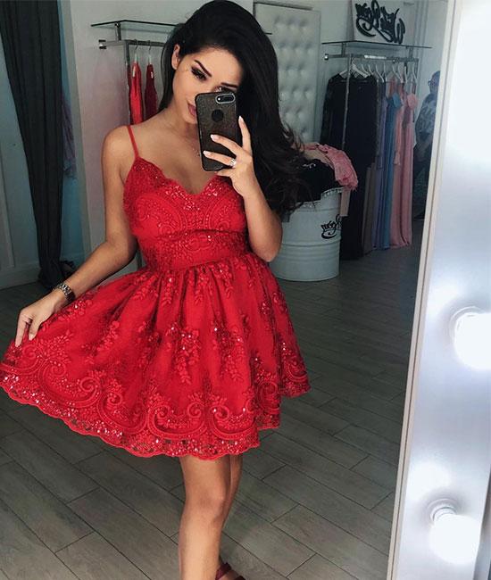 Red v neck lace short prom dress, homecoming dress,DS1284