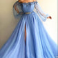 Custom Made Round Neck Baby Blue Tulle Long Sleeves Prom Dresses, Blue Long Sleeves Formal Dresses,DS1821