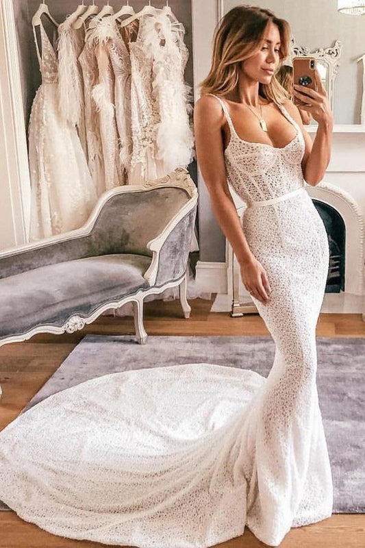 Mermaid Spaghetti Straps Lace Wedding Dress Bridal Gown  ,DS2679