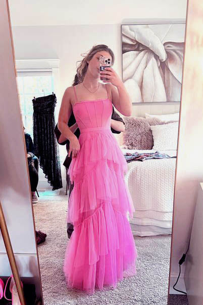 A Line Hot Pink New Arrival Spaghetti Straps Floor Length Prom Dress With Ruffles ,DS4564