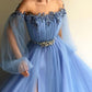 Custom Made Round Neck Baby Blue Tulle Long Sleeves Prom Dresses, Blue Long Sleeves Formal Dresses,DS1821
