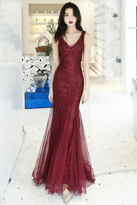 Wine Red Sequins With Tulle Mermaid Party Gown, Burgundy Prom Dress .DS3043