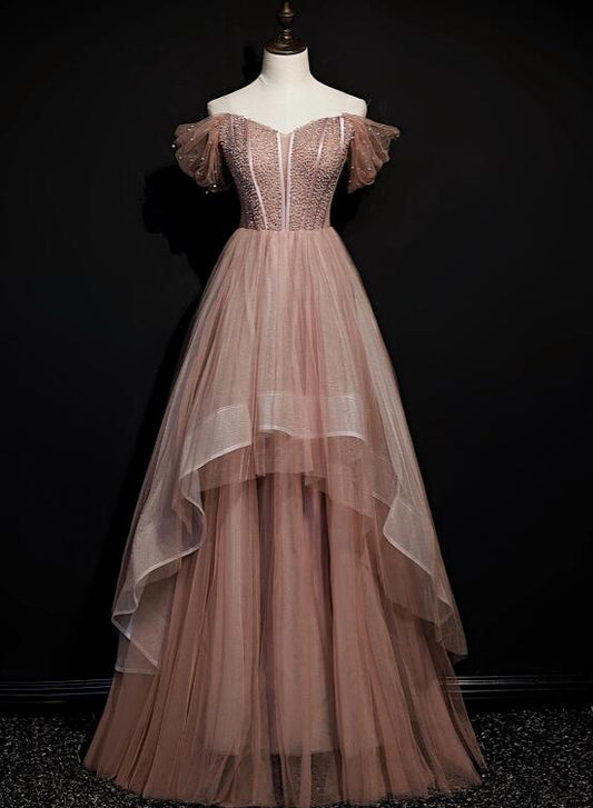 Dark Pink Tulle Beaded Layer Tulle Long Evening Dress, Charming Prom Dress .DS3044