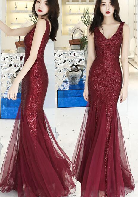 Wine Red Sequins With Tulle Mermaid Party Gown, Burgundy Prom Dress .DS3043