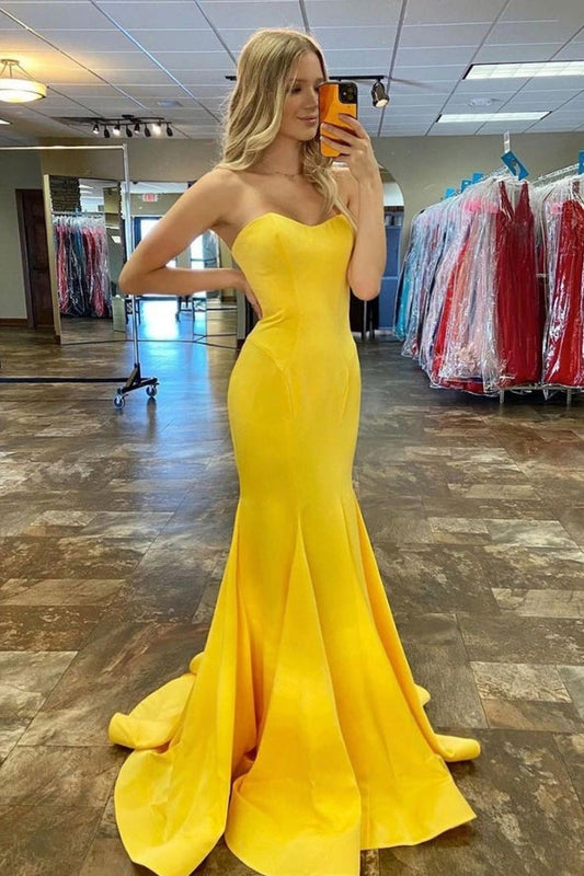 Yellow satin long prom dress mermaid evening dress,DS3884